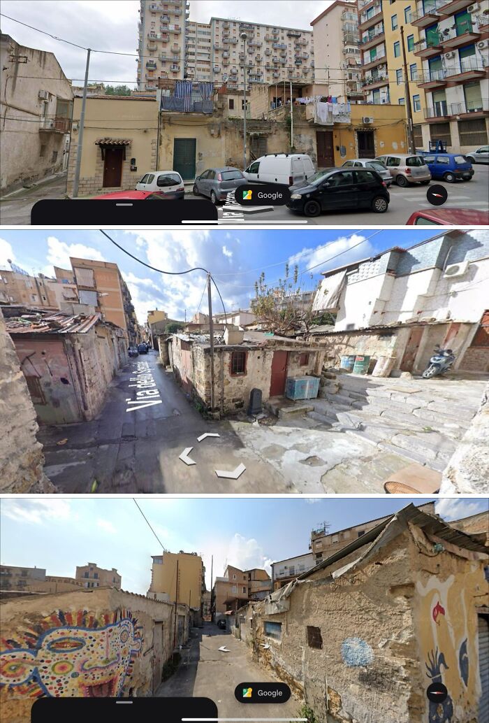 Urban hell scenes showing dilapidated buildings, narrow streets, graffiti, and crowded parked cars in neglected urban areas.