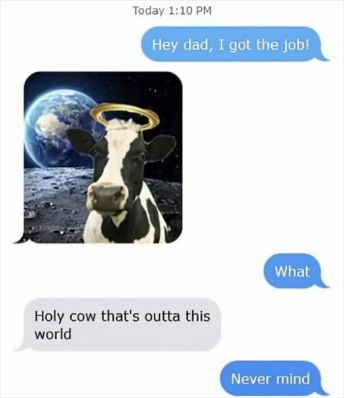 Text message joke with a holy cow pun and a space-themed image, showcasing cringy jokes and puns for dads.