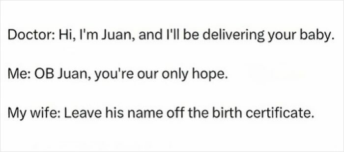 Text-based dad joke about a doctor named Juan delivering a baby, part of cringy jokes and puns to send to your dad.
