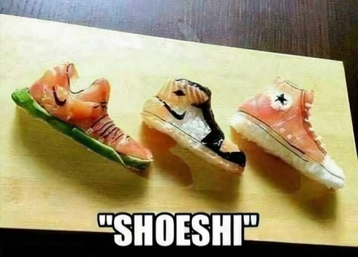 Three sushi pieces shaped like sneakers on a wooden board, illustrating a pun for hilariously cringy jokes.