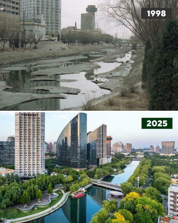 Urban transformation from a polluted river in 1998 to a green, modern cityscape in 2025, $58 billion ghost city concept.