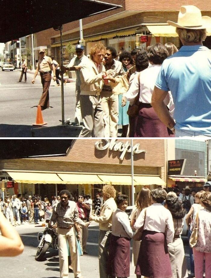 Vintage vacation street scenes showing people gathered outside shops, capturing the era before cell phones had cameras.