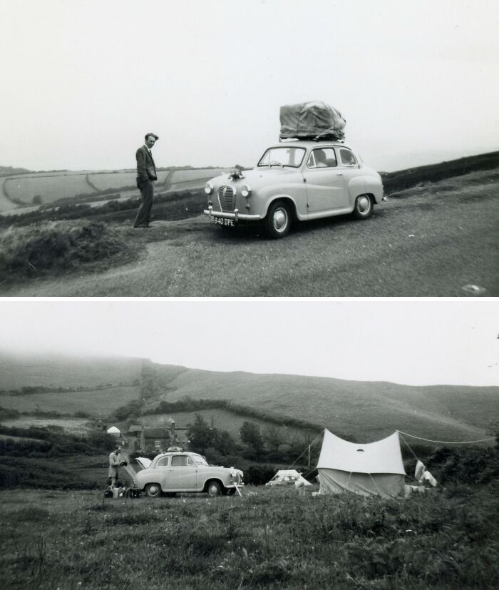 Vintage vacation pics showing old car trips and camping scenes from a time before cell phones had cameras