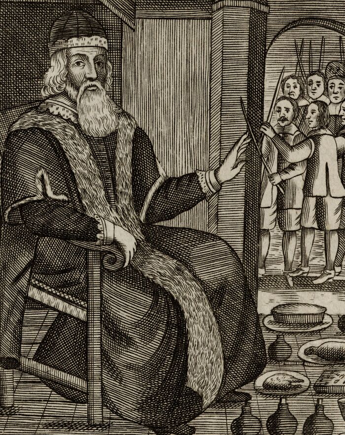 Black and white engraving of a historical figure seated in fur-trimmed robes with guards standing behind in a doorway.