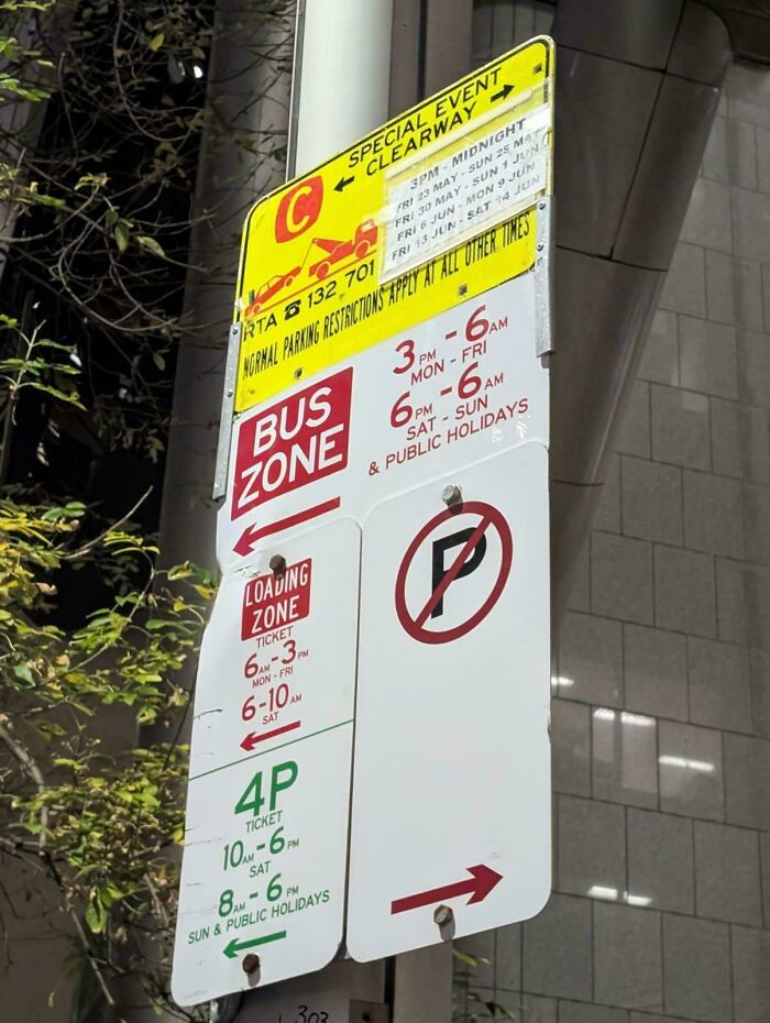 Confusing road signs with multiple parking, bus, and no parking rules creating uncertainty for drivers ignoring GPS directions.