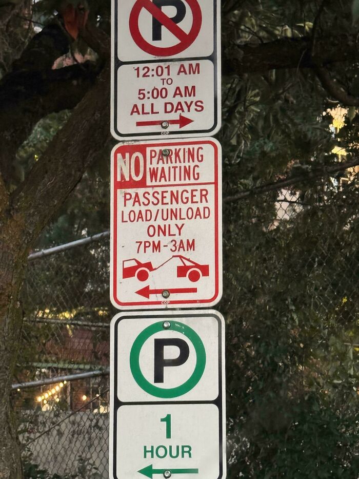 Confusing road signs showing no parking, no waiting, passenger load/unload times, and one-hour parking limit.