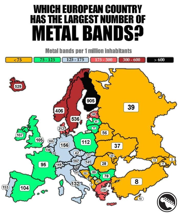 Map showing the number of metal bands per million inhabitants in European countries with color-coded ranges.