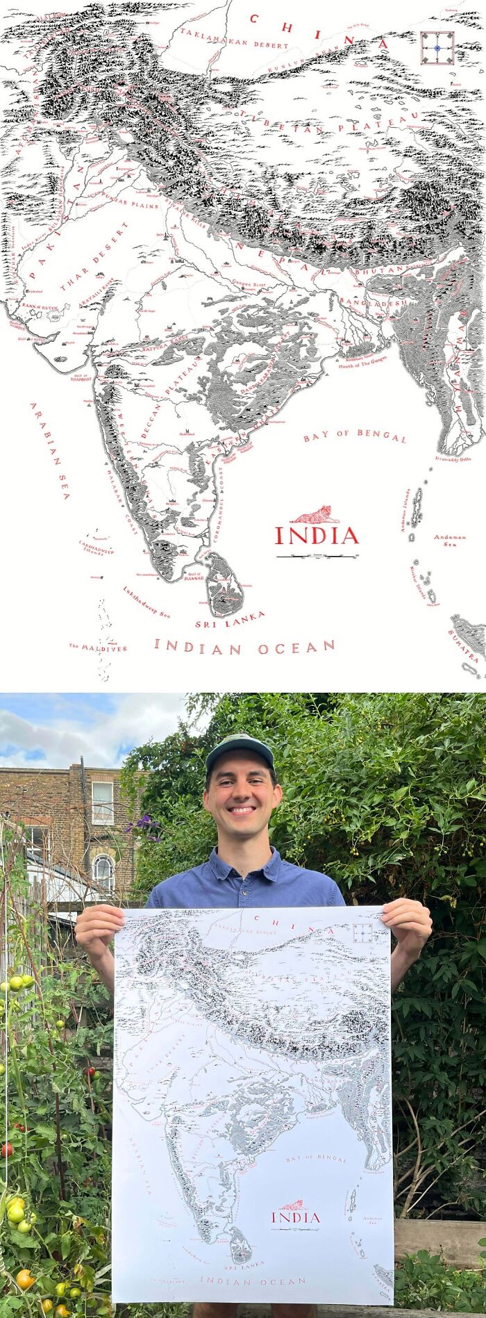 Detailed informative map of India showing geographical features and neighboring countries, held by a smiling man outdoors.