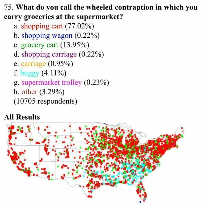 Map showing regional terms used for wheeled grocery carriers in the US with color-coded results from 10,705 respondents.