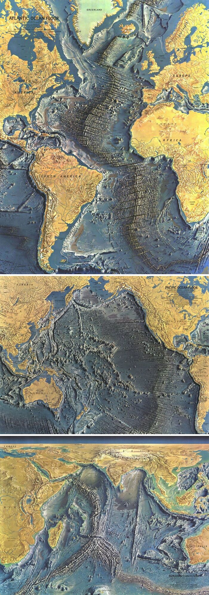 Three detailed ocean floor maps showing Atlantic, Pacific, and Indian Ocean features from informative maps collection.