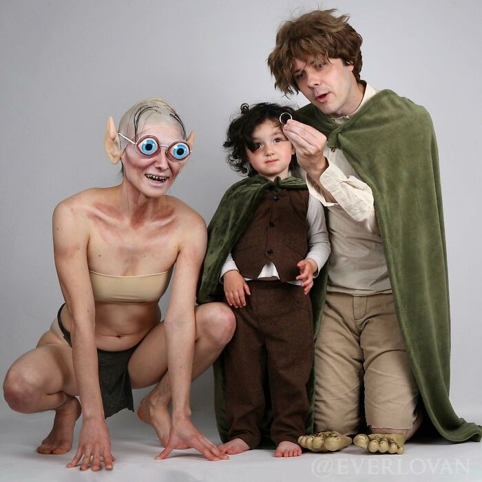 Family dressed in cosplay with funny and cringed poses, a memorable family photo laugh moment online.