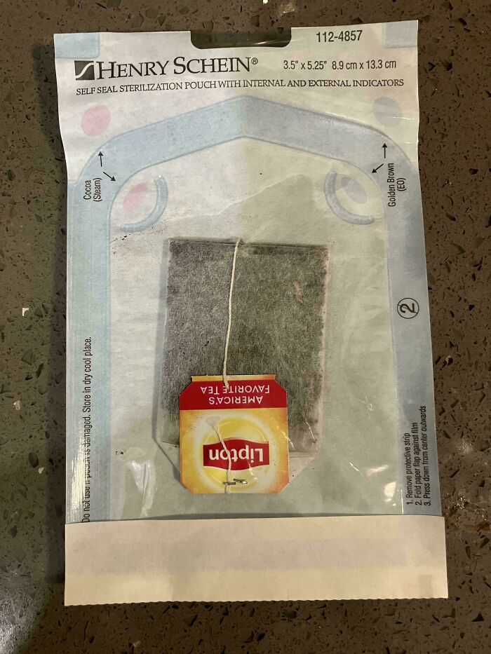 Tea bag placed inside a sterilization pouch as a humorous and wholesome thing doctors did to ease patients.