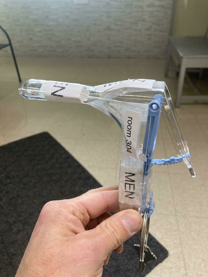 Doctor humor with labeled medical tools to put patients at ease in a hospital setting.