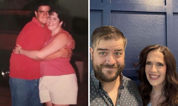 Side-by-side comparison of a couple showing same love and how people looked different decades apart.