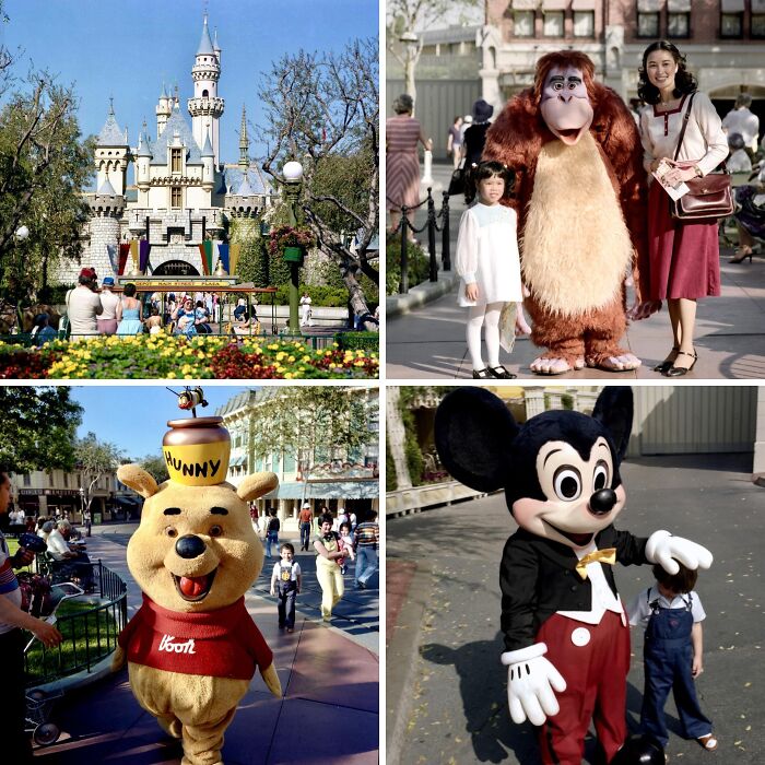Vintage vacation pics at a theme park featuring classic character mascots and iconic castle scenes before camera phones existed