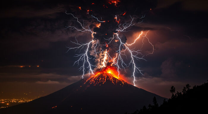 Lightning Striking A Volcano
