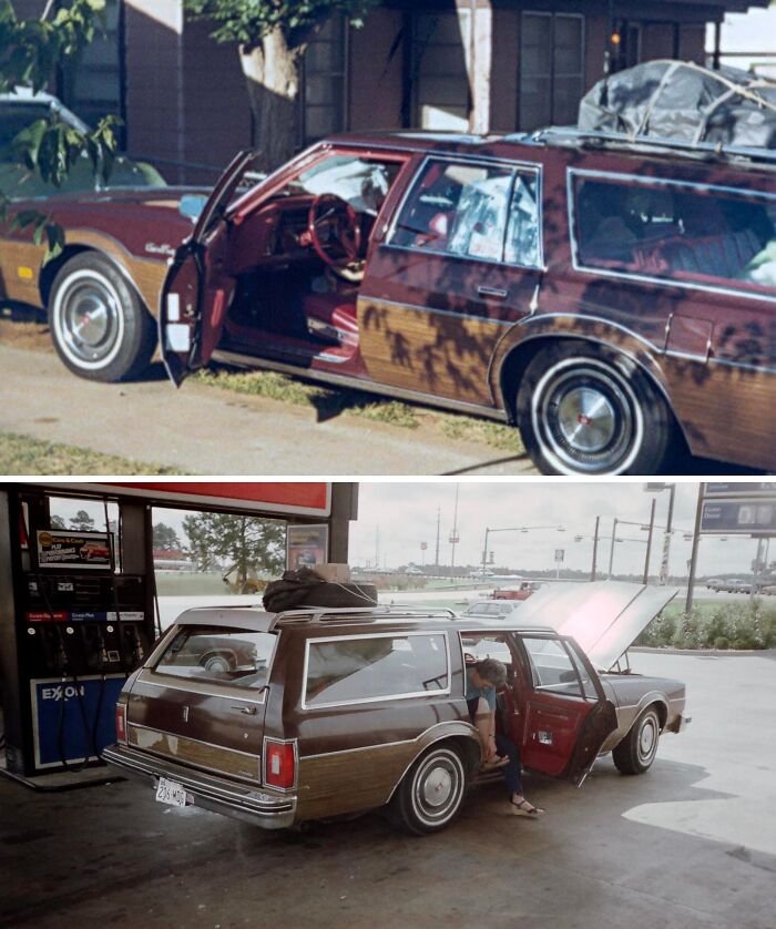Vintage vacation pics showing wood-paneled station wagons on road trips before cell phones had cameras.
