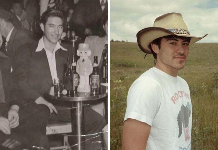 Side-by-side comparison of the same man decades apart showing how people looked then and now in comparison pics.