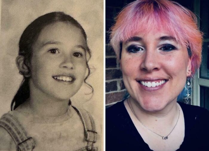 Side-by-side comparison of same person showing changes over decades in this same love different decade photo.