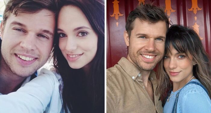 Side-by-side comparison of a couple showing how people looked in different decades smiling together in selfies