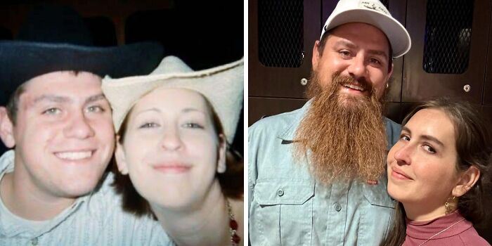 Side-by-side comparison of a couple showing same love different decade with changes in appearance and style.