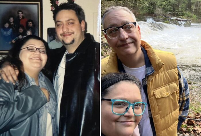 Side-by-side comparison of a couple showing how people looked then and now in different decades outdoors and indoors.