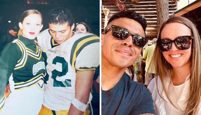 Side-by-side comparison of a young couple in a football cheerleader outfit and modern casual wear, showcasing different decade looks.