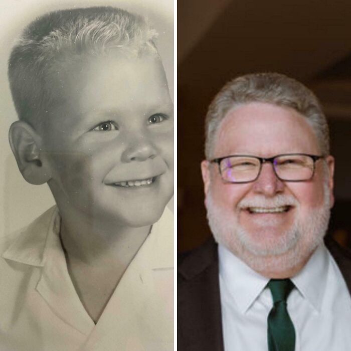 Side-by-side comparison of a man as a child and as an older adult showcasing same love different decade transformation.