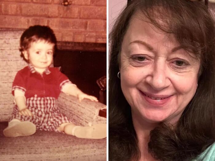 Side-by-side comparison of a woman as a child and grown-up showcasing same love different decade transformation.