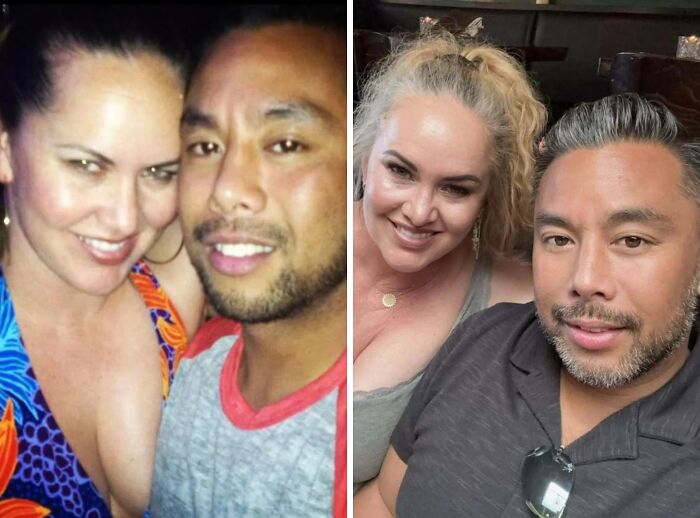 Side-by-side comparison pics showing how a couple looked different decades apart in same love series.