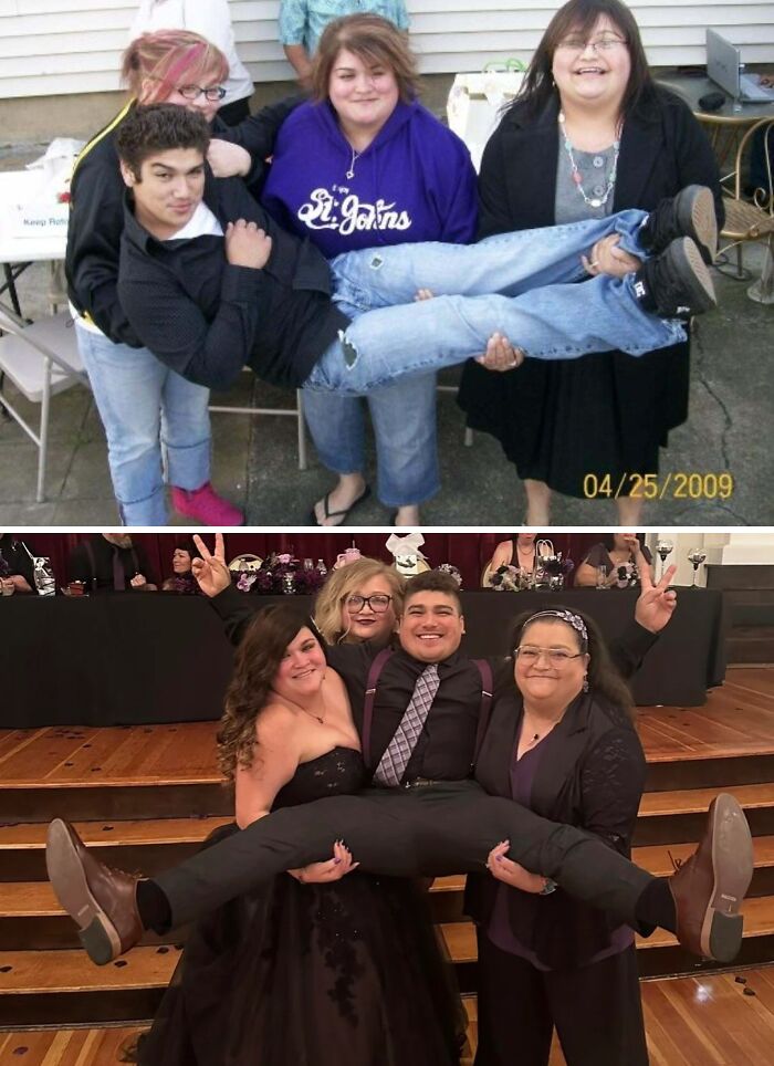 Group of friends posing for comparison pics showing how people looked back then and now in different decades.