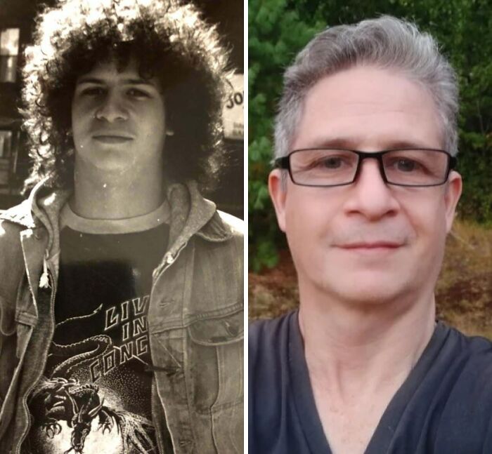 Side-by-side comparison of a man showing same love different decade transformation from youth to older age.