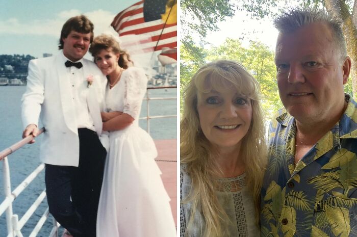 Then and now comparison of a couple showing how people looked in different decades with changes in hairstyle and clothing style.