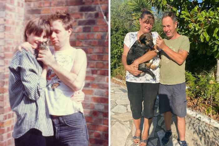 Side-by-side comparison of a couple holding a dog, showing how people looked then and now in different decades.