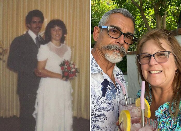 Side-by-side comparison of a couple from decades ago and how they look now in recent photos with drinks outdoors.