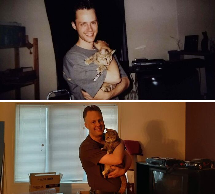 Split image showing a man holding the same cat in a comparison pic of how people looked back then and now.