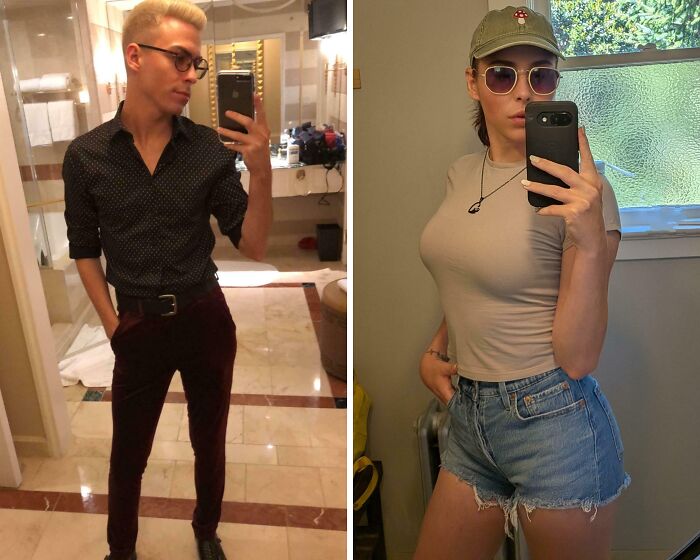 Side-by-side comparison of a person’s look from a past decade and their current appearance showcasing style change.