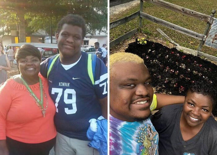 Side-by-side comparison of mother and son showing changes over time in a loving relationship and appearance.