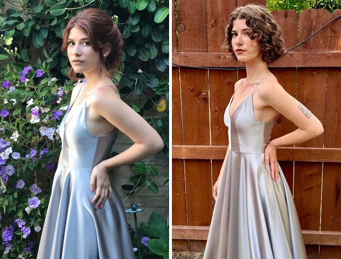 Side by side comparison of a woman in a silver dress showing same love different decade fashion and style changes.