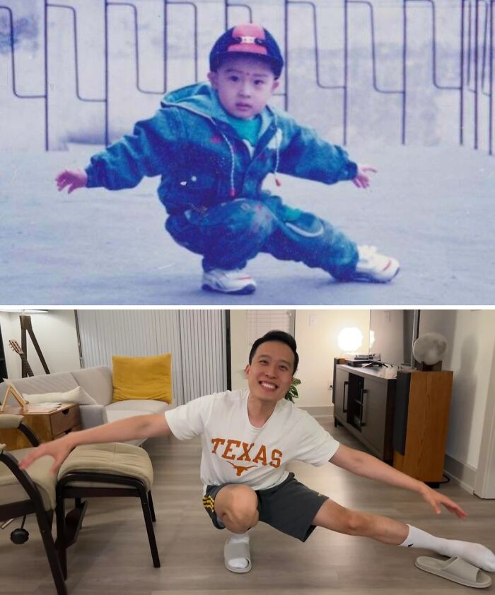 Young boy and adult man in similar crouching poses, showcasing comparison pics of how people looked then and now.