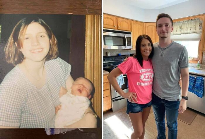 Side-by-side comparison photos showing how people looked back then and now in different decades.