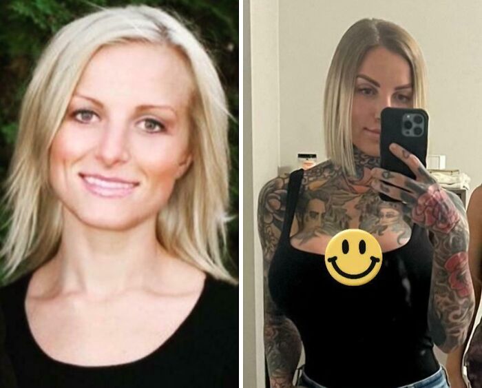 Side-by-side comparison of a woman showing a same love different decade look with new tattoos and hairstyle.