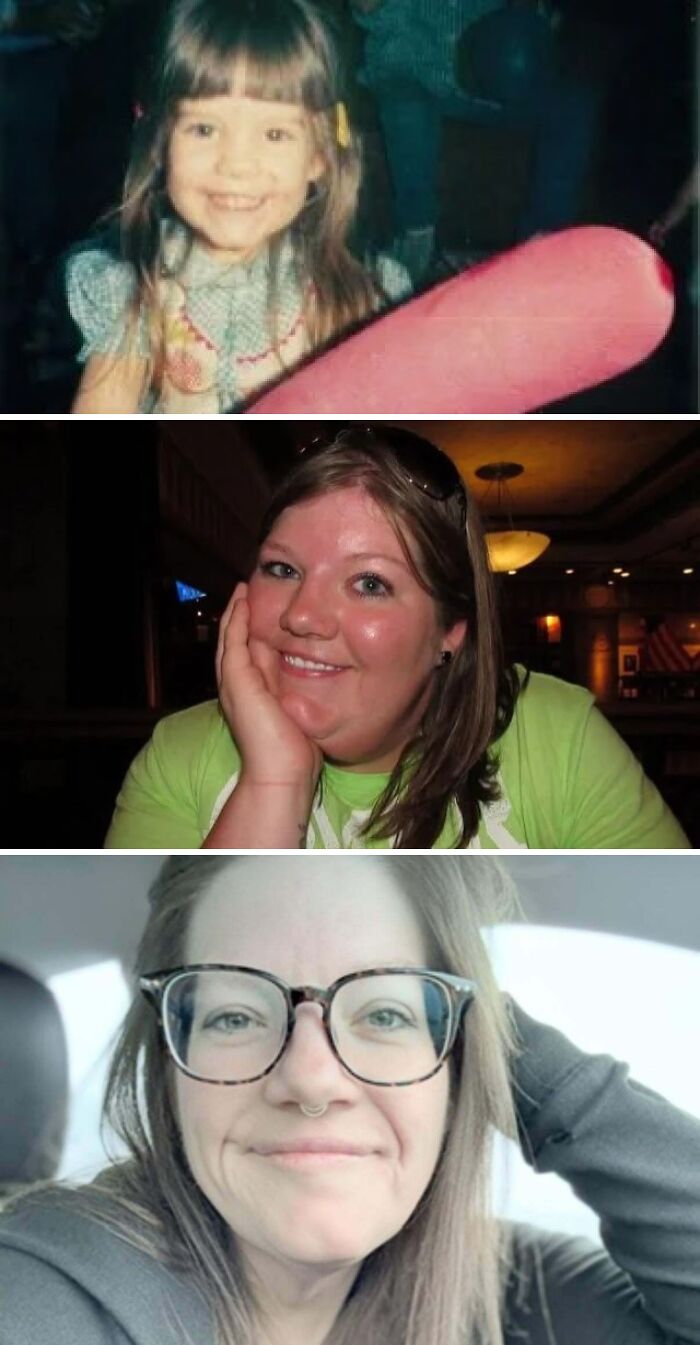 Three comparison photos showing how a woman looked in different decades, highlighting same love and aging changes.