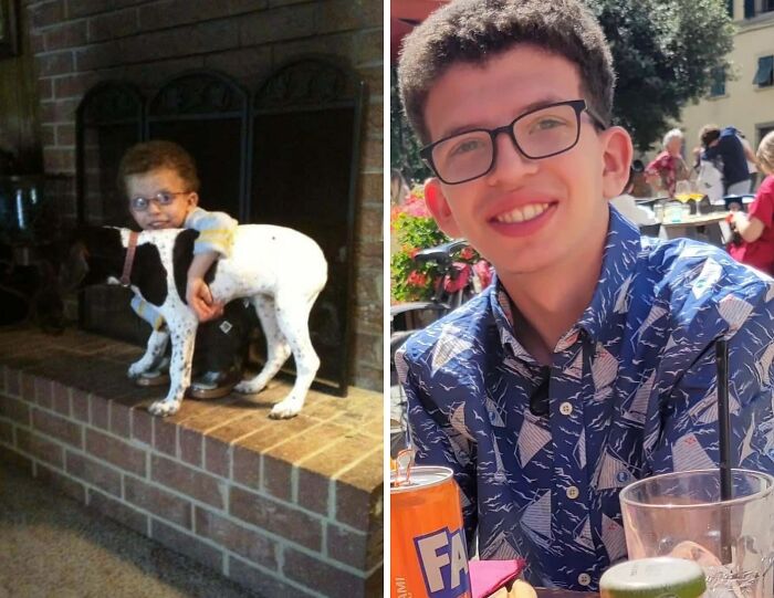 Side-by-side comparison of a person as a child and as a young adult showing same love different decade moments.