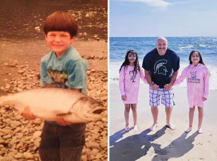 Side-by-side comparison of a man and children at the beach and a young boy holding a large fish showing same love different decade.