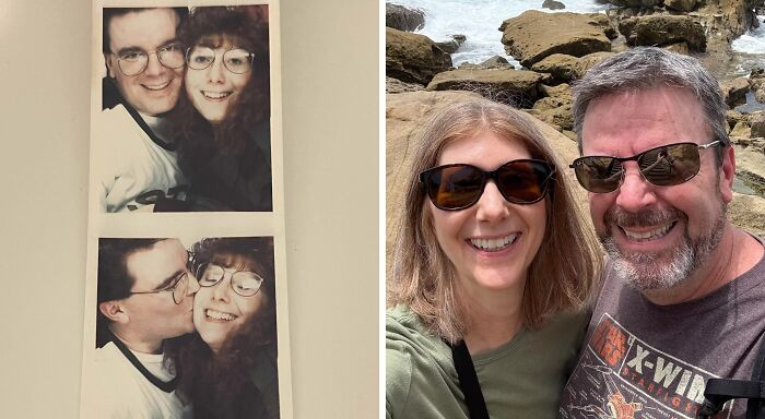 Side-by-side comparison of a couple from decades ago and how they look now, showcasing same love through time.