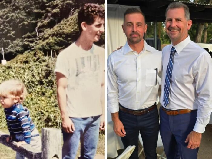 Side-by-side comparison of two men in casual then and formal now showing same love different decade transformation.