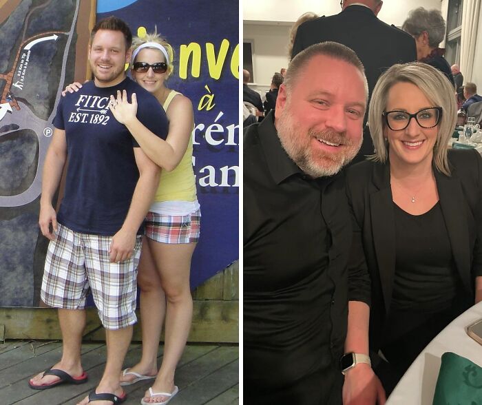 Side-by-side comparison of a couple looking different in style and age over the years showing same love different decade.