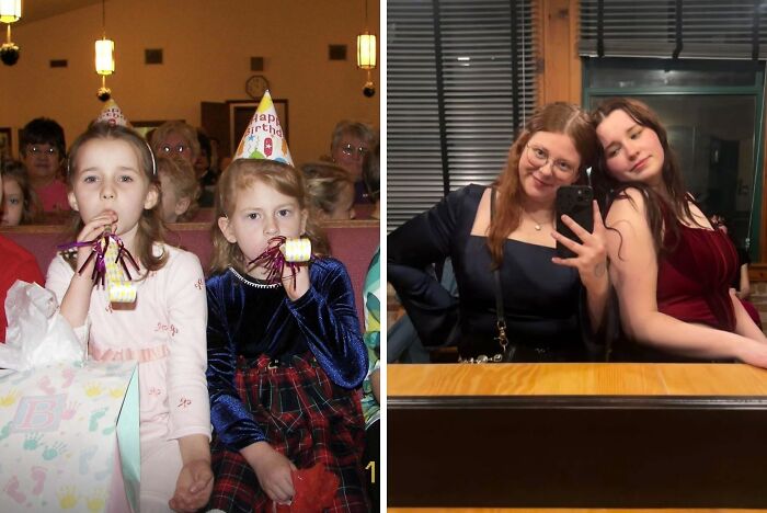 Two girls blowing party blowers in a childhood photo and posing years later in a side-by-side comparison pic.
