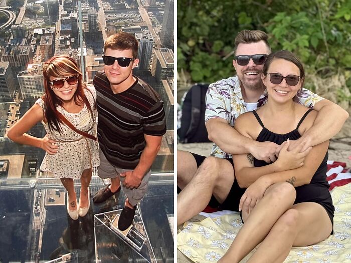 Side-by-side comparison photos of a couple showing how people looked back then and now with same love different decade theme